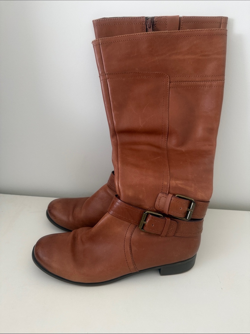 Nine West Cognac Leather Over-the-Knee Buckle Boots
